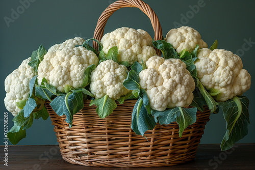 Bountiful Harvest: Cauliflower Fills a Wicker Basket, Generative AI
