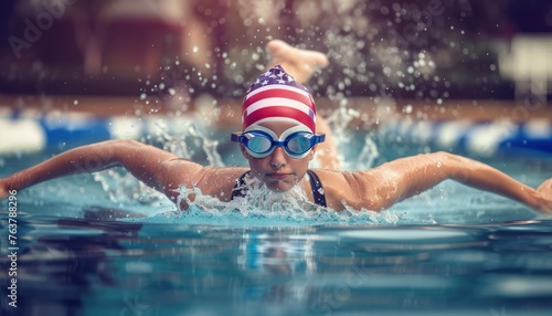 Professional Swimming Athlete in action front angle view under and over water, aerobic swimmer, proudly represent and wearing the United States flag pattern on head covering and swim goggles © Virgo Studio Maple