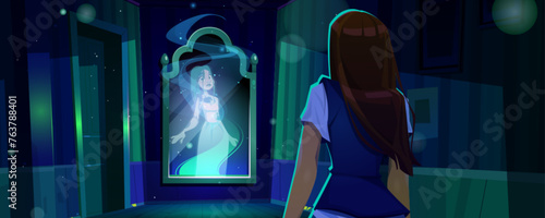 Negative mirror person for woman self in house. Haunted character with evil ego design in room. Scary dark interior and dream with lurking creature. Horror and mystery corridor scene with nightmare