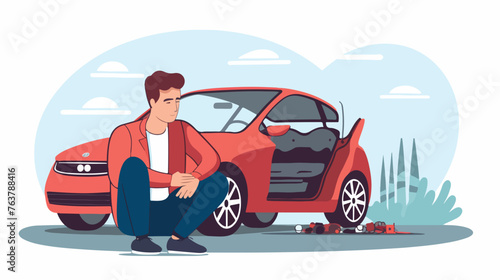 Man finds the cause of the car breakdown. illustration