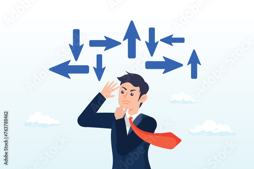 Contemplation businessman making decision where to go next, decision making, decide the right way or choosing options, best alternative or solution to success, business direction or thinking (Vector)