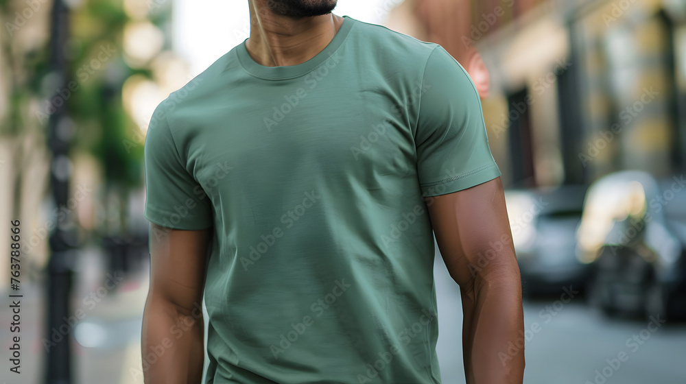 mockup showcasing a faceless man dressed in a stylish green t-shirt, walking confidently along a vibrant city street, exuding urban chic and modern allure amidst the bustling cityscape mockup showcasing a faceless man dressed in a stylish green t-shirt, walking confidently along a vibrant city street, exuding urban chic and modern allure amidst the bustling cityscape
