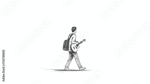 Man standing with guitar case on his background one line