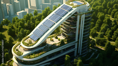 A futuristic skyscraper with a rooftop garden