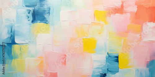 四角を使ったデザインの油絵・抽象背景横長バナー）淡いピンクと白と青と黄色