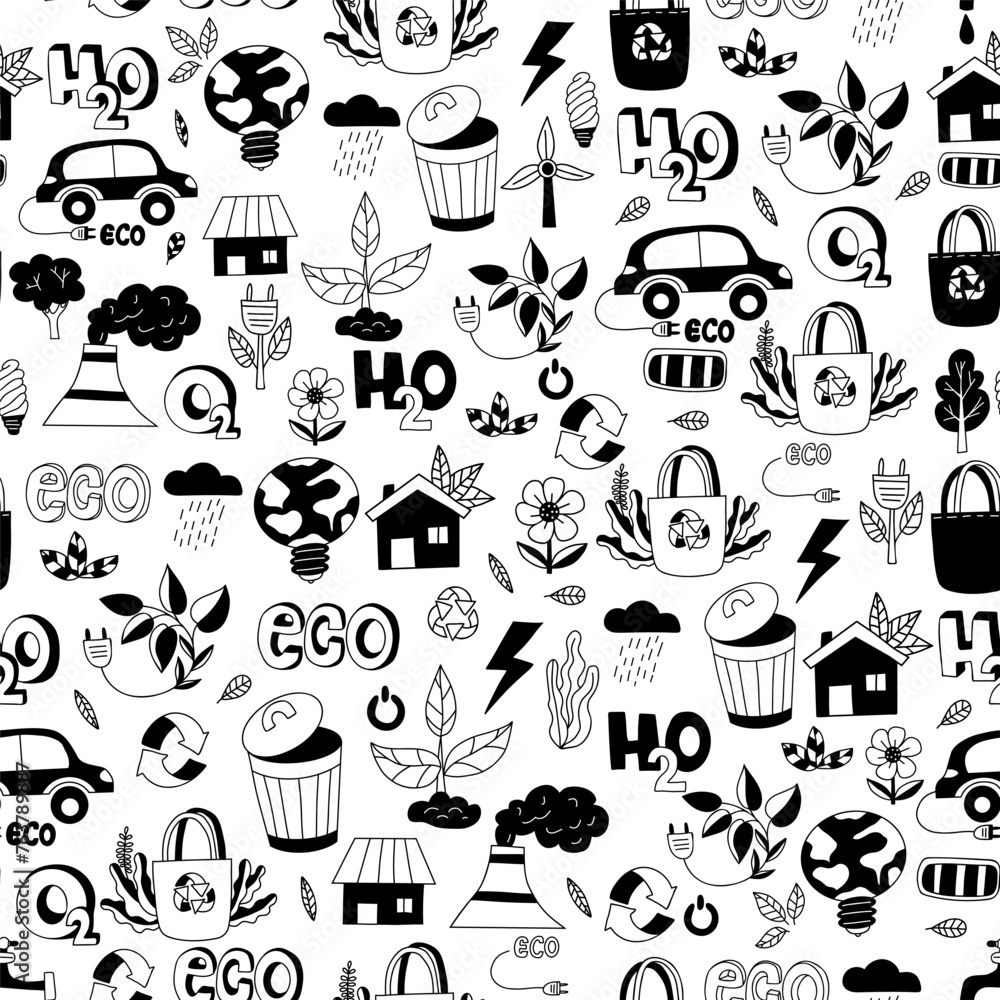 Ecology lifestyle seamless pattern. Ecology hand drawn on white background. Vector illustration in hand drawn doodle style. Ecology lifestyle seamless pattern. Ecology hand drawn on white background. Vector illustration in hand drawn doodle style.