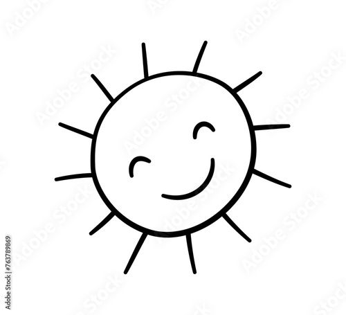 Doodle childish sun icon. Scribble sun with rays and smile symbol. Doodle funny children drawing. Hand drawn burst. Hot weather sign. Vector illustration isolated on white background.