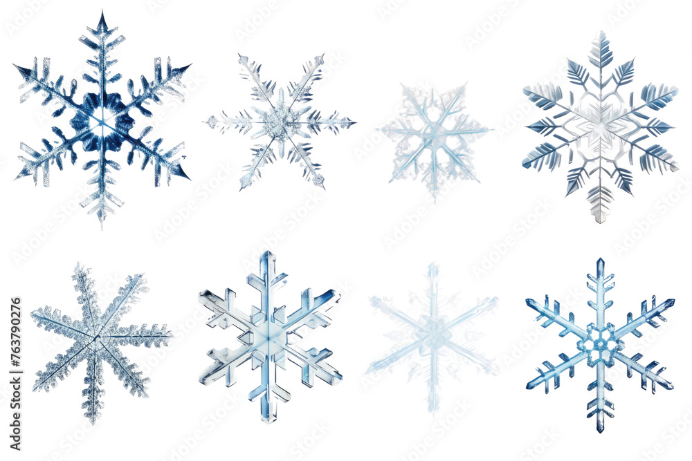 Array of Snowflakes on White Surface. On a White or Clear Surface PNG Transparent Background.