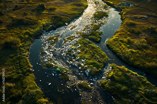 ゴミで汚染された河川の空撮