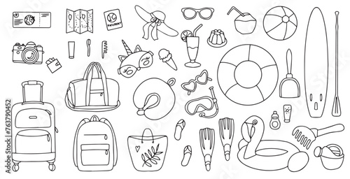 Hand drawn set of summer holiday elements, luggage, swimwear and beach accessories. Travel element drawn in doodle style. Illustration for banner, background, badge, logo design. Vector