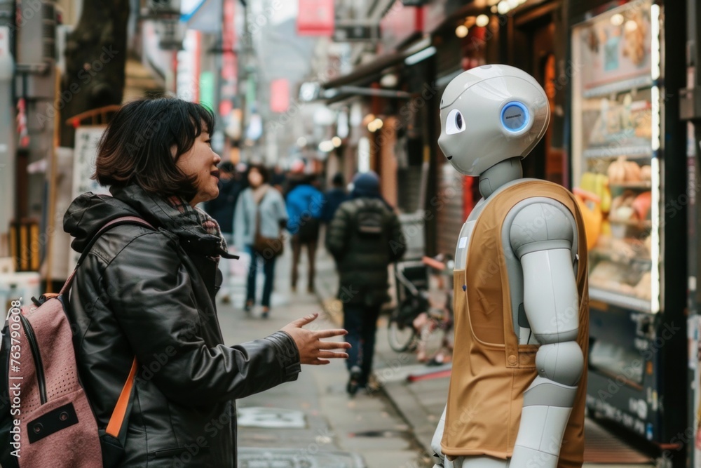 Fototapeta premium Happy asian woman interacting with an robot in a chinese street