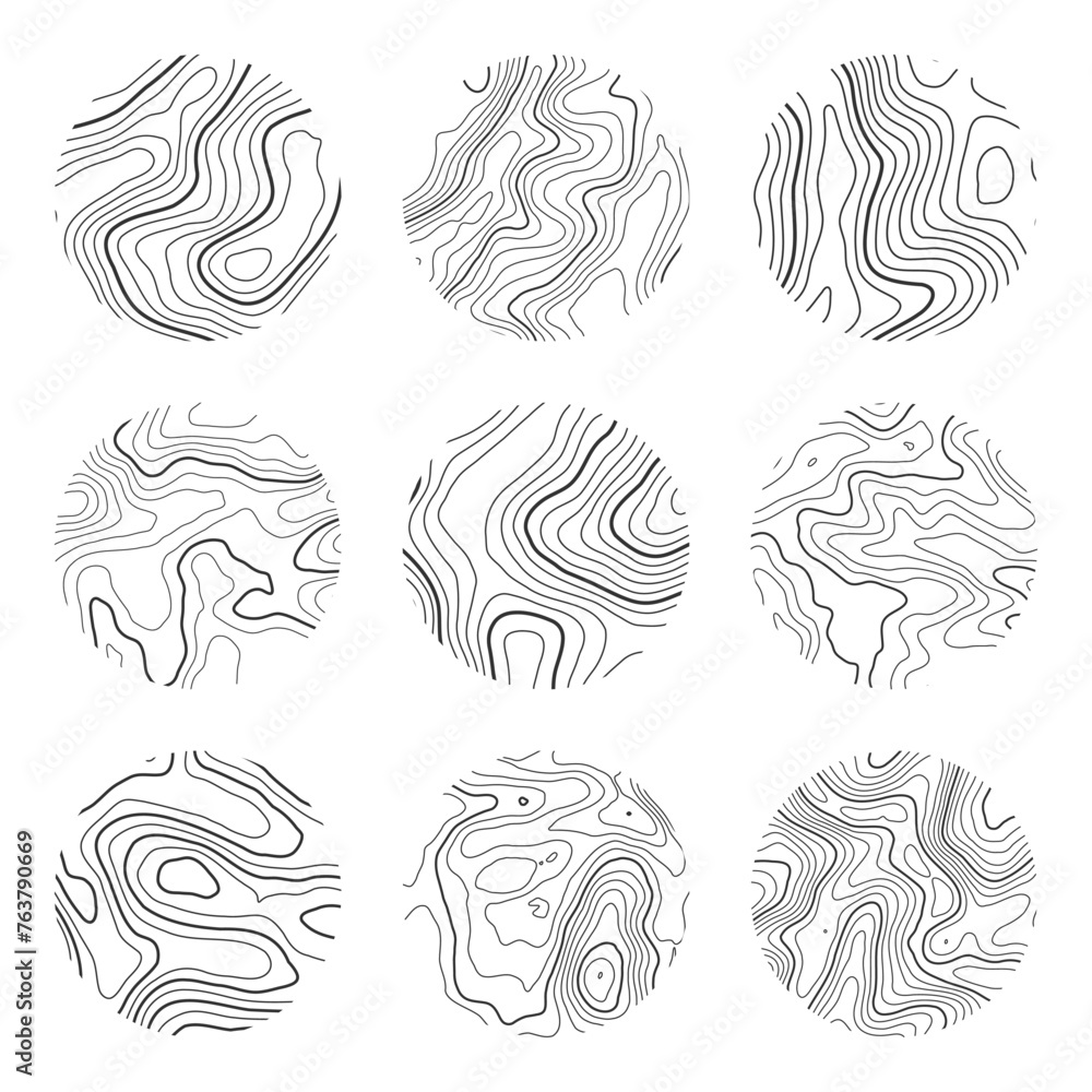 Topographic map with contour lines. Geographic terrain grid, relief height elevation. Ground path pattern. Travel and navigation, cartography design element. Vector illustration