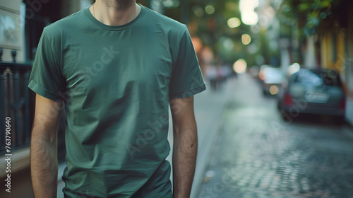 mockup showcasing a faceless man dressed in a stylish green t-shirt, walking confidently along a vibrant city street, exuding urban chic 