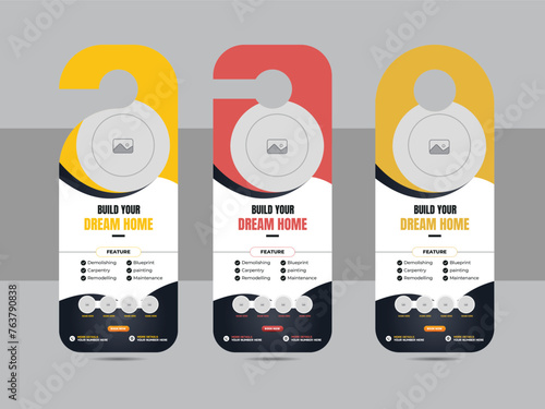 Plumber door hanger template layout or home repair, home renovation door hanger design template vector layout