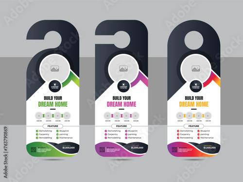 Modern construction or handyman home repair door hanger design template layout vector