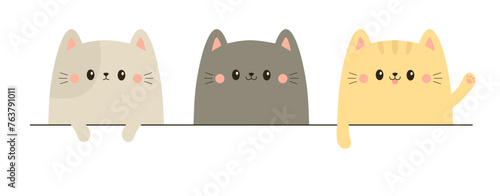 Cat set hanging on white paper. Kitten with hands. Paw print on the table. Funny Kawaii pet animal. Gray, orange silhouette. Cute cartoon doodle baby character. Flat design. White background. Vector © worldofvector