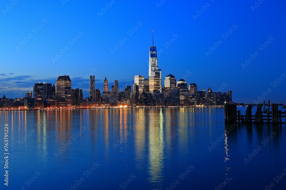 One World Trade Center and skyline panorama of downtown Financial District and the Lower Manhattan in New York