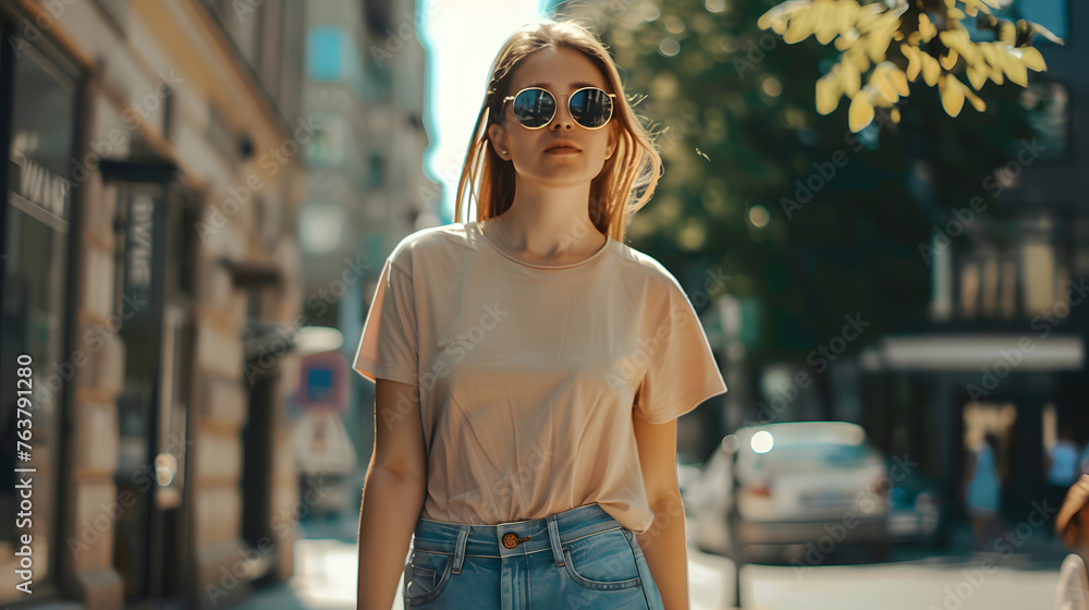 mockup featuring a stylish woman blond hair wearing sunglasses, dressed in a chic cream colored t-shirt and jeans, striding confidently along a fashionable city street, exuding urban sophistication 