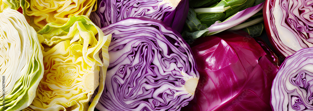 red cabbage, yellow, green and white cabbage cut in strips - obrazy, fototapety, plakaty 