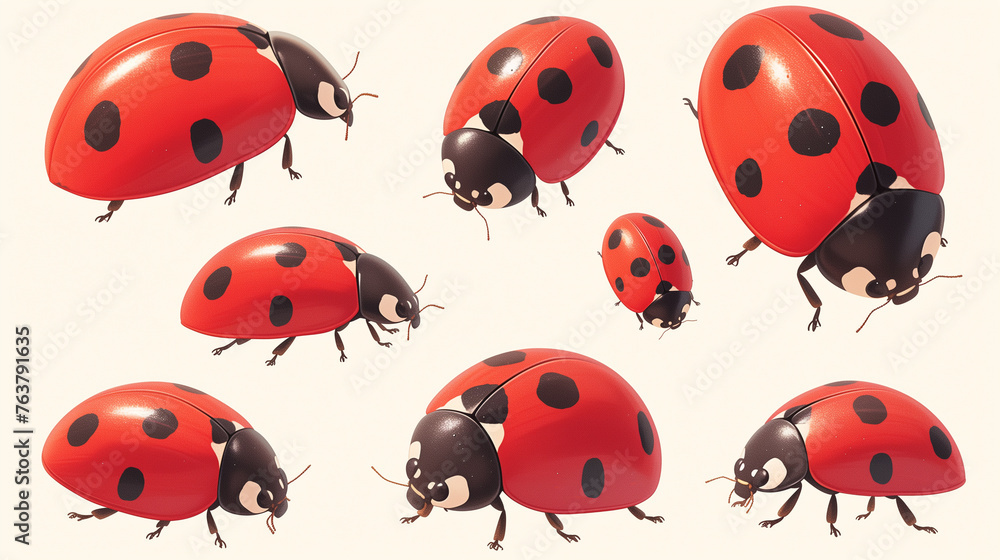 Naklejka premium Heartwarming illustration showcases a cute and oversized cartoon ladybug with a beaming smile, nestled among delicate flowers on white background