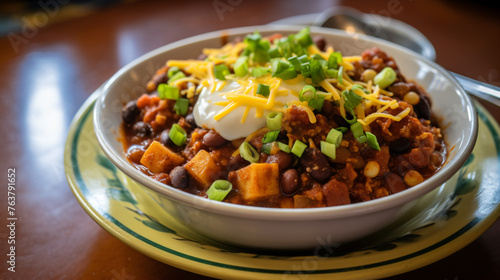 A hearty bowl of vegetarian chili topped with shredded