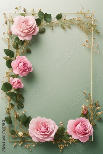 Wedding invitation card, Golden frame with pink rose on green background. top view. © Amlumoss