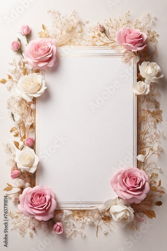 Wedding invitation card, Golden frame with pink rose on white background. top view.