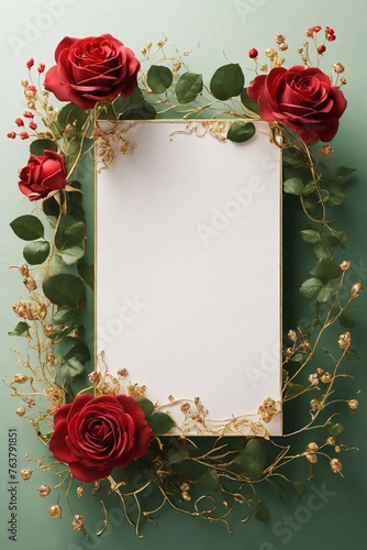 Wedding invitation card, Golden frame with red rose on green background. top view. © Amlumoss