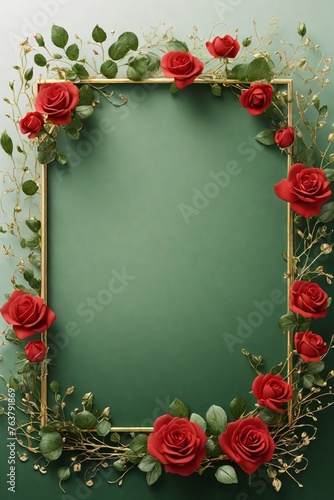 Wedding invitation card, Golden frame with red rose on green background. top view. © Amlumoss