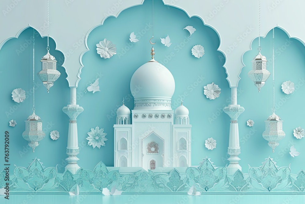  light blue ornament wallpaper desktop with white mosque and five small islamic lantern floating on top