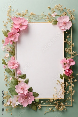 Wedding invitation card, Golden frame with cherry blossom on green background. top view.