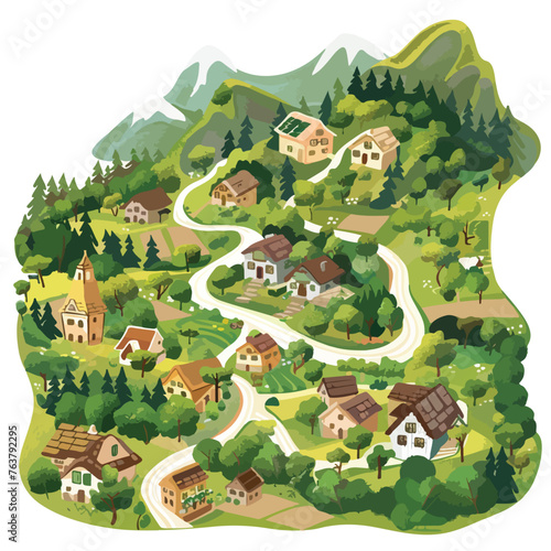A tranquil village nestled in a valley. clipart © Mishab