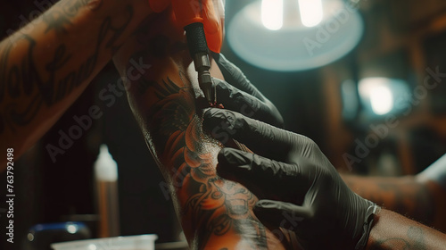 a master makes a tattoo on a man's arm in the salon