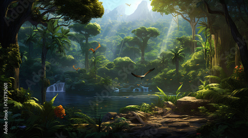 A lush jungle with towering trees and exotic wildlife.