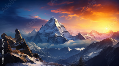 The peak of the mountain rises above the clouds, the sun rises © Igor
