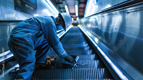 .a man repairs an escalator in the subway