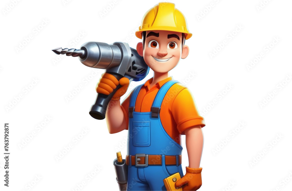A cheerful worker builder man holding a drill isolated on a transparent background. PNG illustration in cartoon style for banner, poster. A cheerful worker builder man holding a drill isolated on a transparent background. PNG illustration in cartoon style for banner, poster.