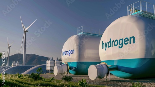 A group of large tanks, some white and some green, are arranged closely together in a row The concept of green hydrogen