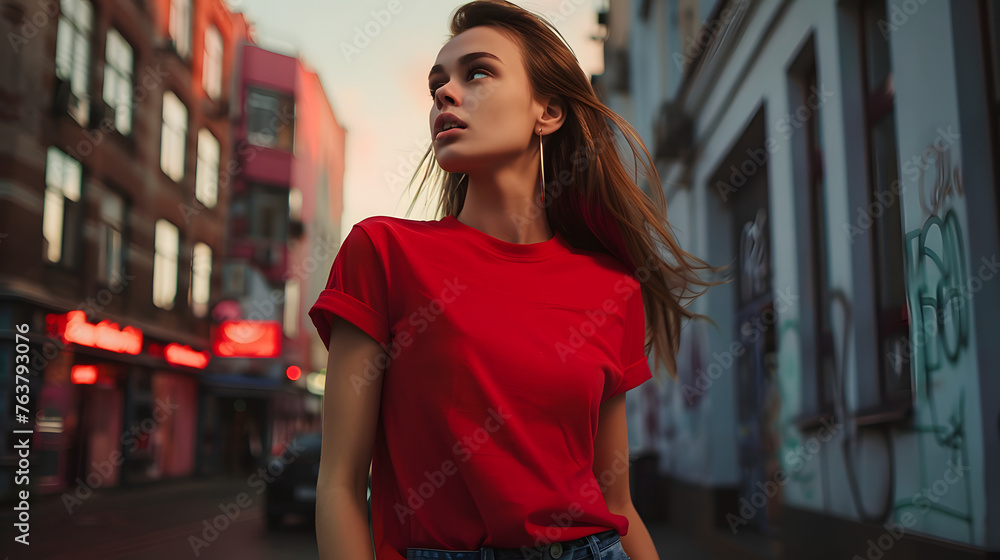 mockup featuring beautiful woman long hair dressed in vibrant red t-shirt and stylish jeans,  chic city street, radiating urban elegance and modern charm amidst the bustling city