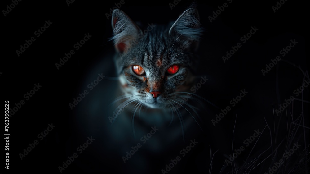 Cute gray cat. Red pupils. standing in the dark corner There is only a little light. that hits the face