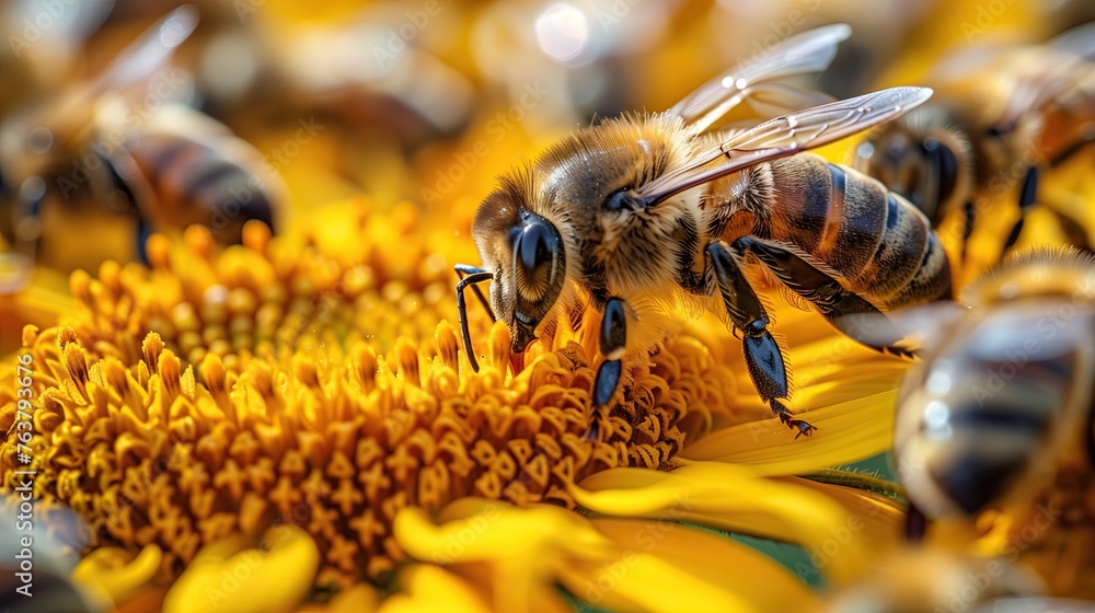 Close-up of worker bees collecting nectar on flowers, honeycomb, bee colony. Close-up of worker bees collecting nectar on flowers, honeycomb, bee colony.