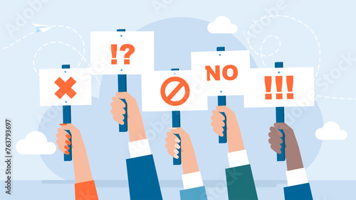 Political protest with silhouette protesters hands holding banners. Strike, revolution, conflict vector background. Hands with protests placards. People holding political banners. Vector illustration