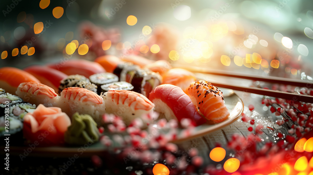 Sushi with tuna on a plate. A set of various sushi with tuna. Bokeh effect. AI generative Sushi with tuna on a plate. A set of various sushi with tuna. Bokeh effect. AI generative