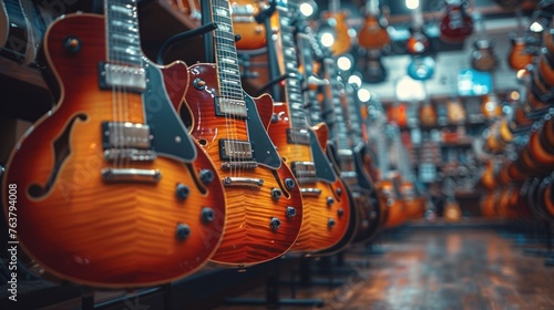 A row of different electric guitars hanging in the music store