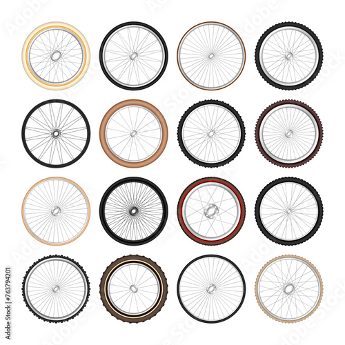 Realistic 3d retro bicycle wheels. Vintage bike rubber tyres, shiny metal spokes and rims. Fitness cycle, touring, sport, road and mountain bike. Vector illustration