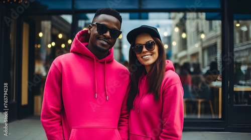 Young people in stylish hoodies of different colors. Modern street fashion for youth and teenagers. Students in bright clothes.
