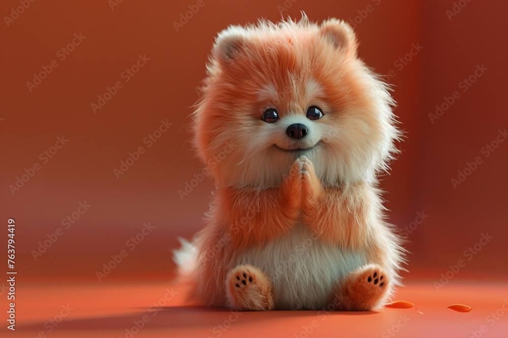Sure, here is a description for the image: Adorable fluffy Pomeranian puppy with bright fur sits on a red background Sure, here is a description for the image: Adorable fluffy Pomeranian puppy with bright fur sits on a red background