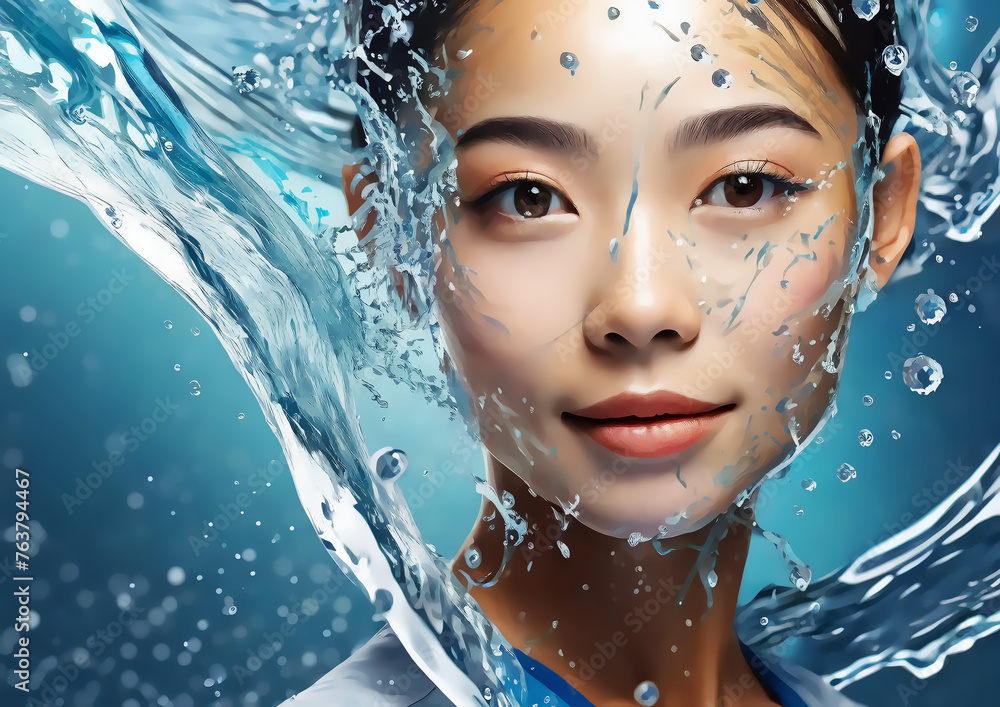 水しぶきと波の効果を合成した美しいアジア系の女性