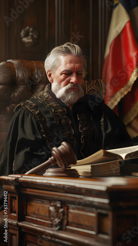 Picture of a Stern Judge Preparing his Proceedings in a Stately Courtroom