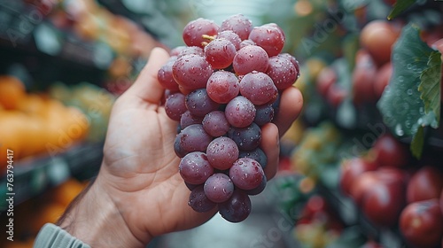 A cluster of ripe grapes hangs from a vine in a vineyard